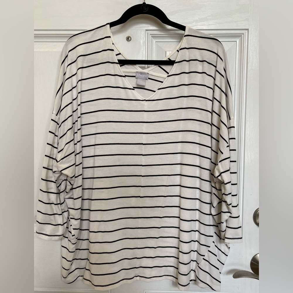 Chico's Cream and Black Striped T-Shirt